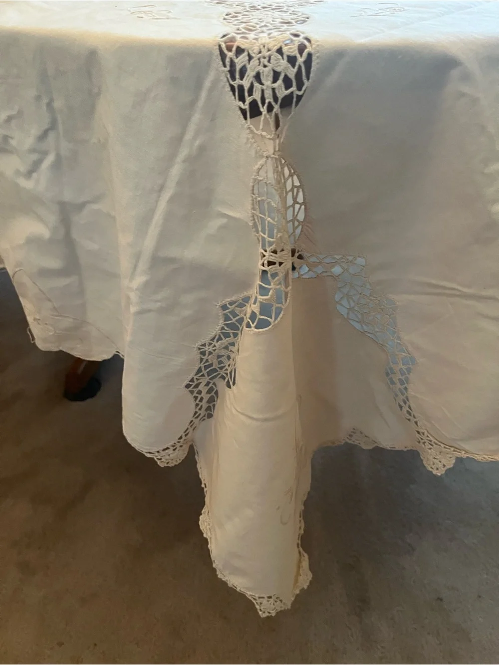 Vintage Italian Cotton Embroidered Crochet Beige Tablecloth 63” x120”